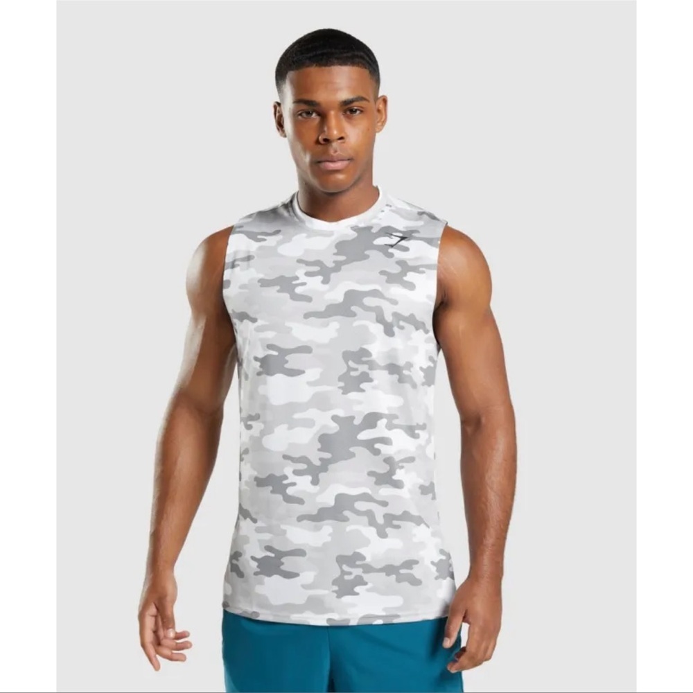 GYMSHARK Arrival Sleeveless T-Shirt Light Grey Camo Print